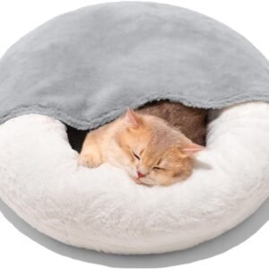 MEWOOFUN Enclosed Cat Bed Cave - Washable Pet Bed With Blanket & Non-Slip Base For Cats & Small Dogs 22'' X 22'', White